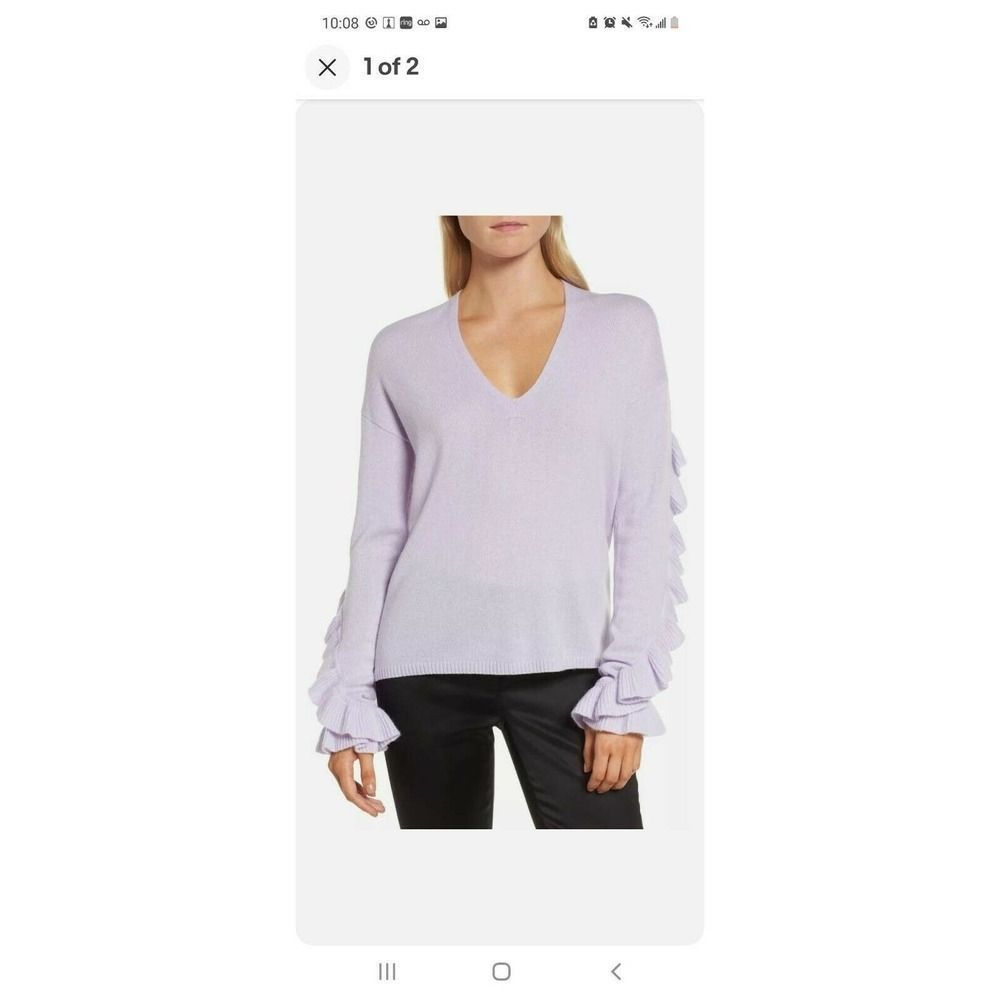 Lewit Pullover Sweater sz XL Thistle Ruffle Sleeve Light Lavender 100% Cashmere